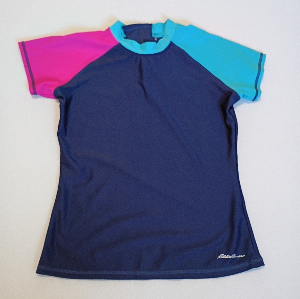 Eddie Bauer Short-Sleeve Rash Guard Swim Shirt in Navy Blue  Pink and Turquoise